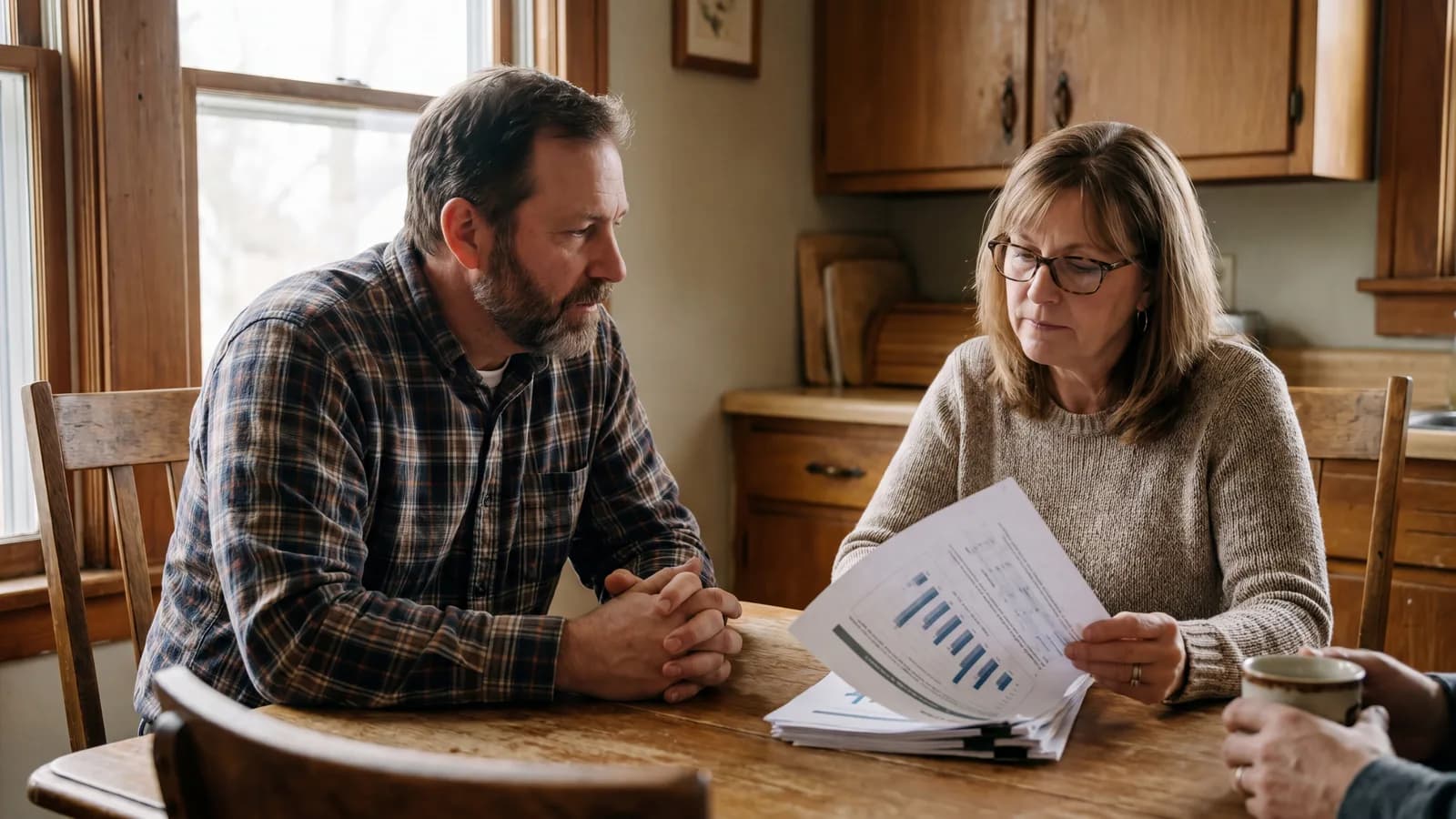 Window contractor at a kitchen table listening as a homeowner holds a printed quote and looks down at it thoughtfully.