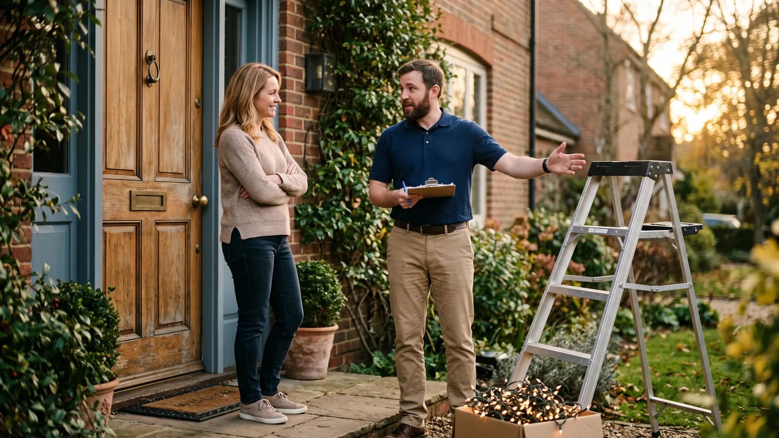 Salesperson gesturing toward staged ladder and lights while talking with a homeowner at a front door in late afternoon light.