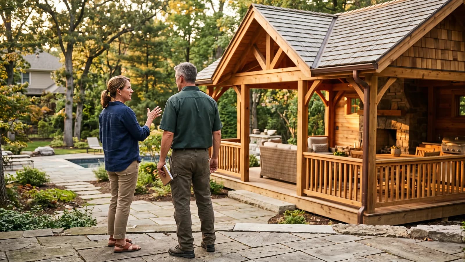 Homeowner and builder standing together looking at a finished backyard cabana while discussing its value to the home.
