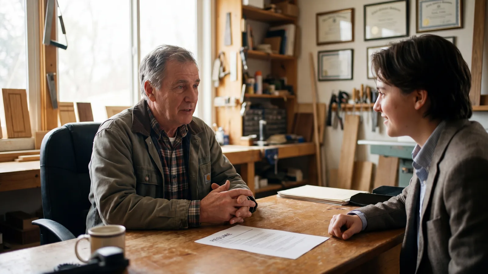 Window contractor at a workshop office desk interviewing a candidate for an outside-sales-rep role, a printed resume between them on the desk.