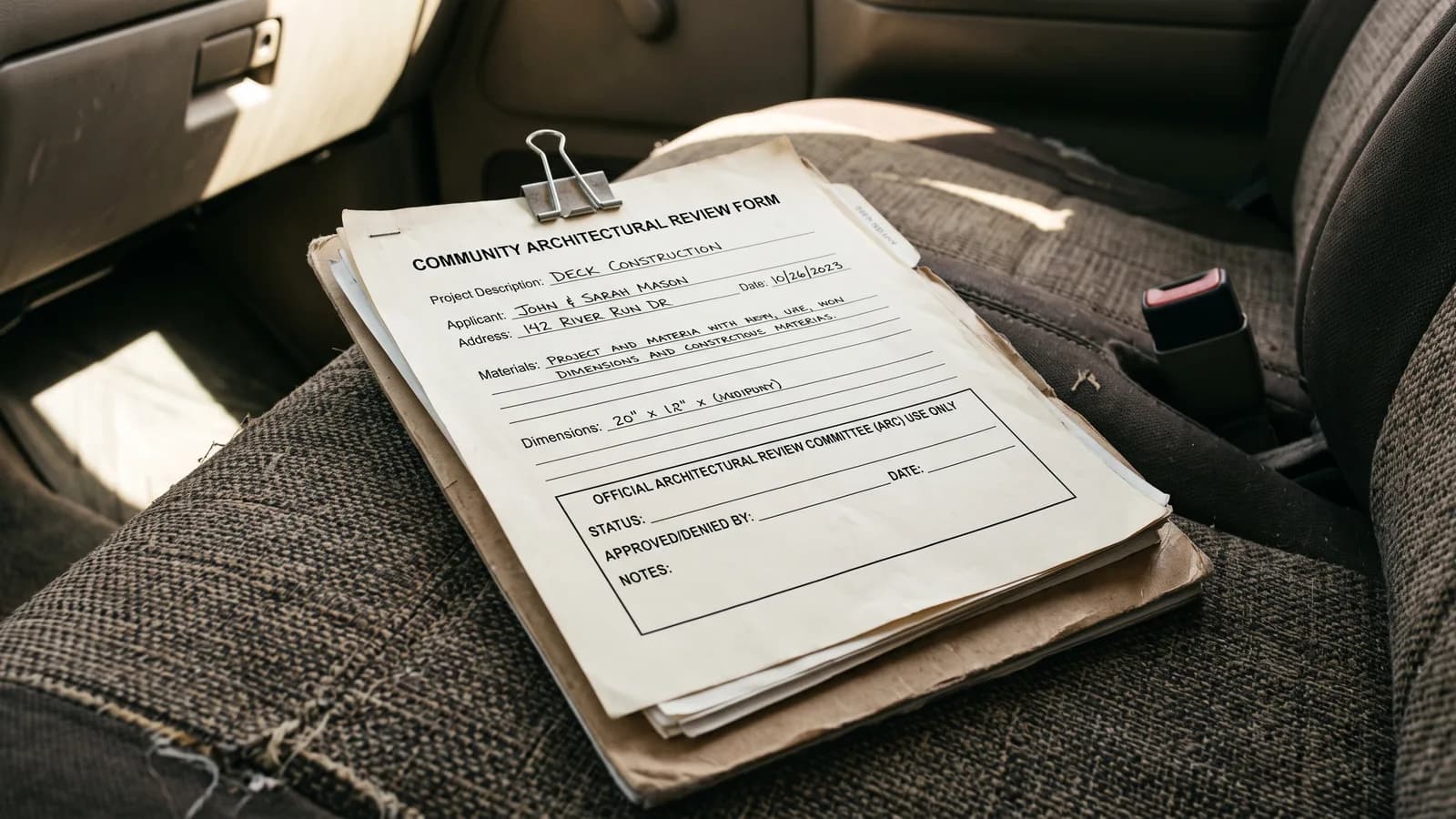 A stamped community architectural review form clipped to a job folder on a truck seat with the approval date box still blank.