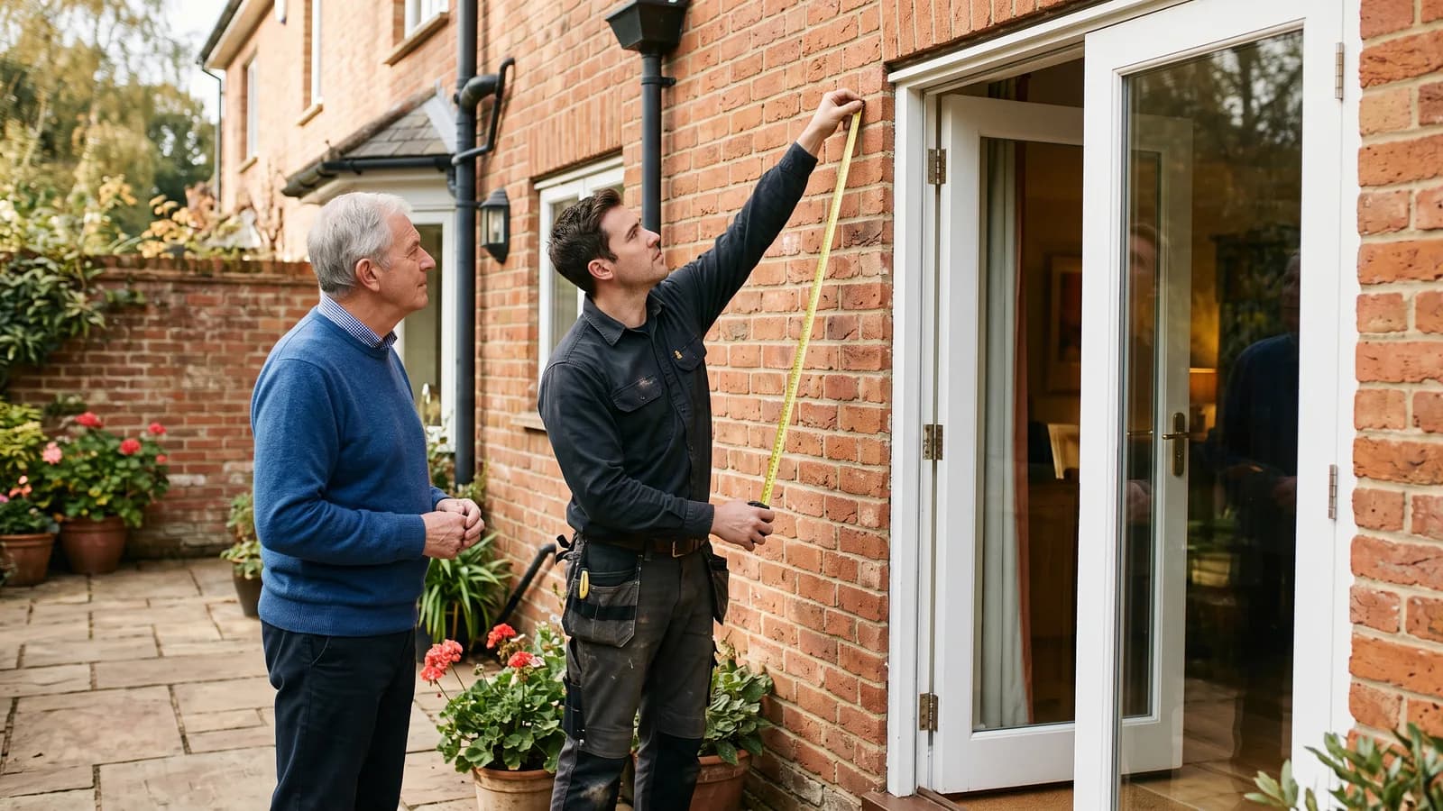 Technician measuring an exterior wall above a patio door while a homeowner watches during a site visit.