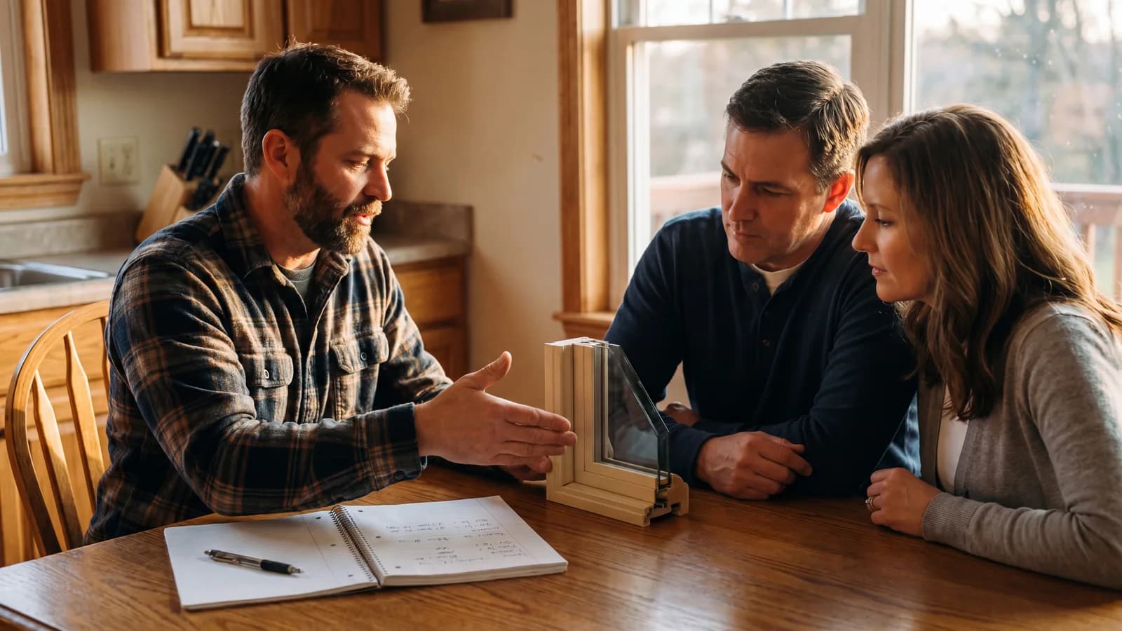 Window contractor seated across from a homeowner couple at a kitchen table during an in-home consultation, with a window cross-section sample on the table.