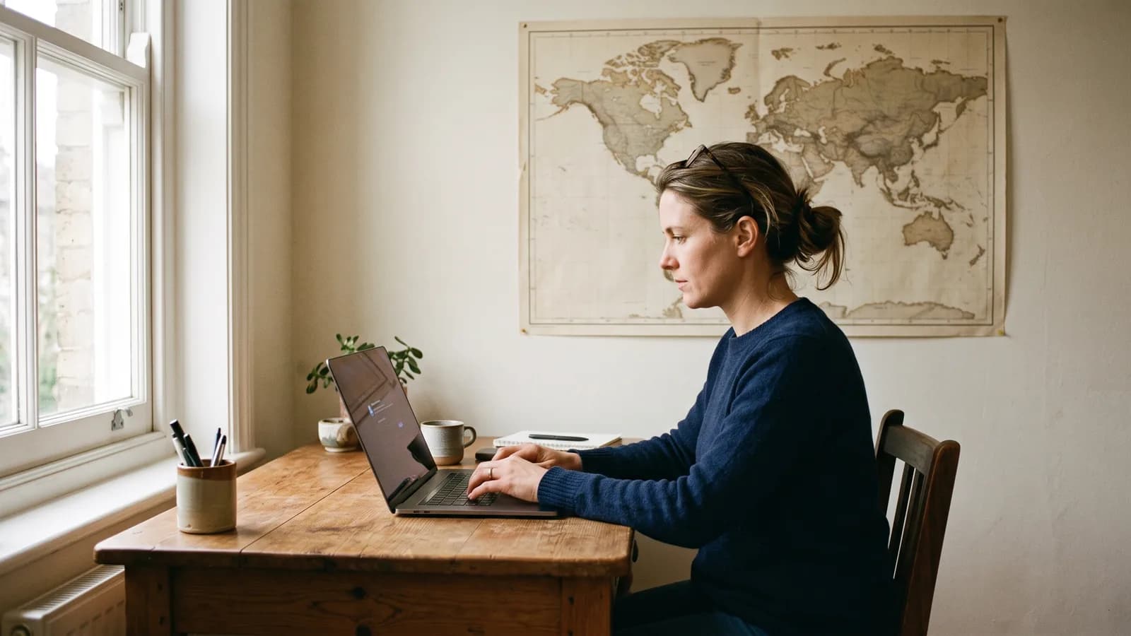 Business owner updating a laptop at a desk with a local service area map pinned on the wall.