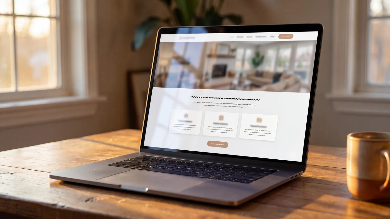 Laptop on a clean modern desk displaying a single-page landing page for a home-services business with a hero image area, headline, three feature cards, and a call-to-action button.