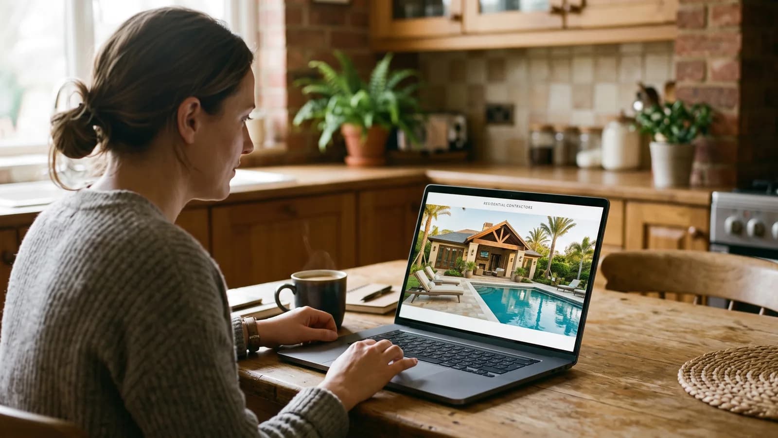 Homeowner scrolling a builder's website on a laptop showing a large photo of a cabana beside a pool.