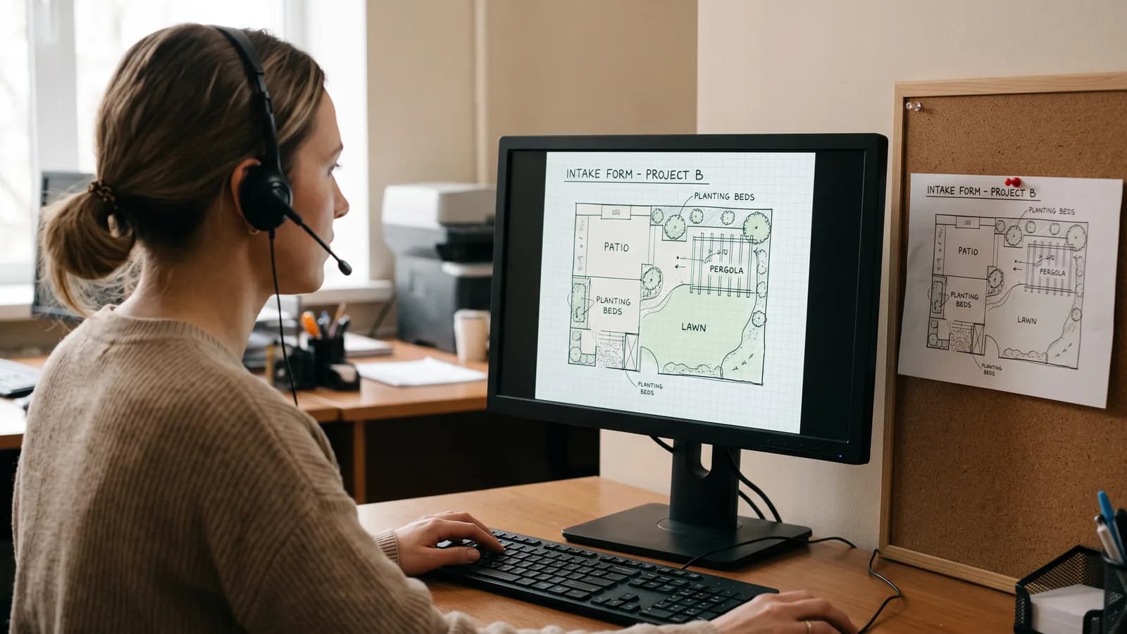 Office coordinator on a headset reviewing a cabana lead intake form beside a pinned backyard layout sketch.