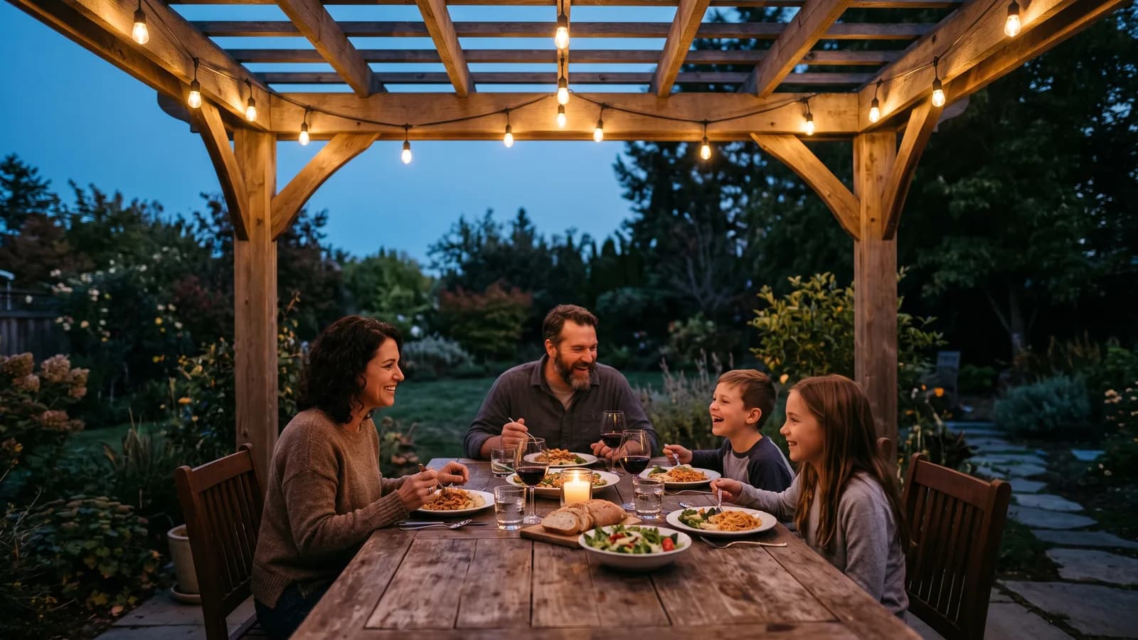 Family sharing dinner under a pergola with warm string lighting at dusk in a backyard setting.