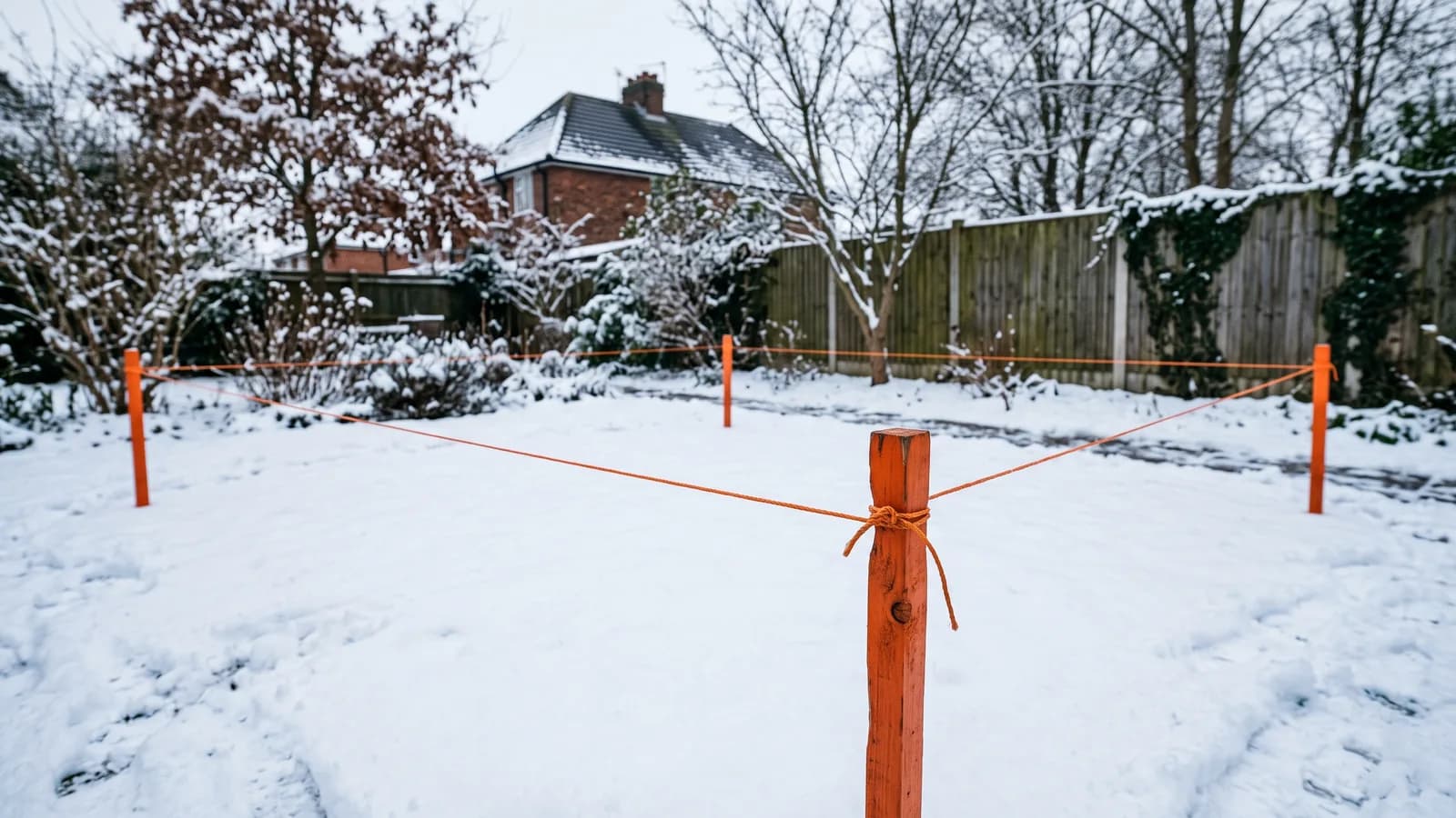 Four orange stakes and a string line marking pergola footing locations under fresh snow in a winter back garden.