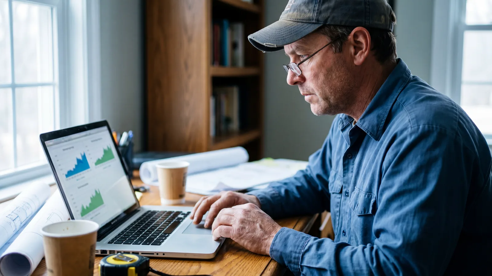 Window contractor at a home-office desk reviewing a laptop screen showing an analytics dashboard with two side-by-side line charts.