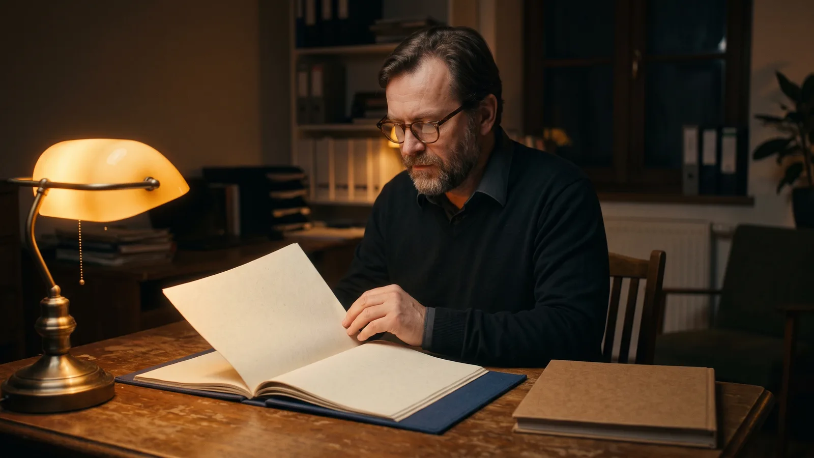 Dealer reviewing a program materials binder and product catalog at a desk under warm lamp light.