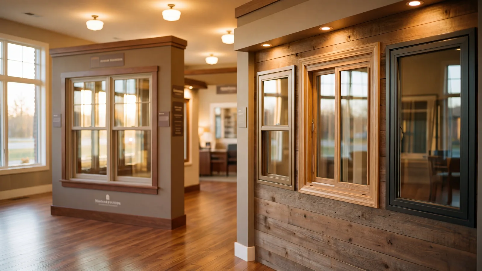 Wide interior view of a window-and-door showroom with two distinct display zones, a single window-unit display on the left and three different manufacturer windows on the right.