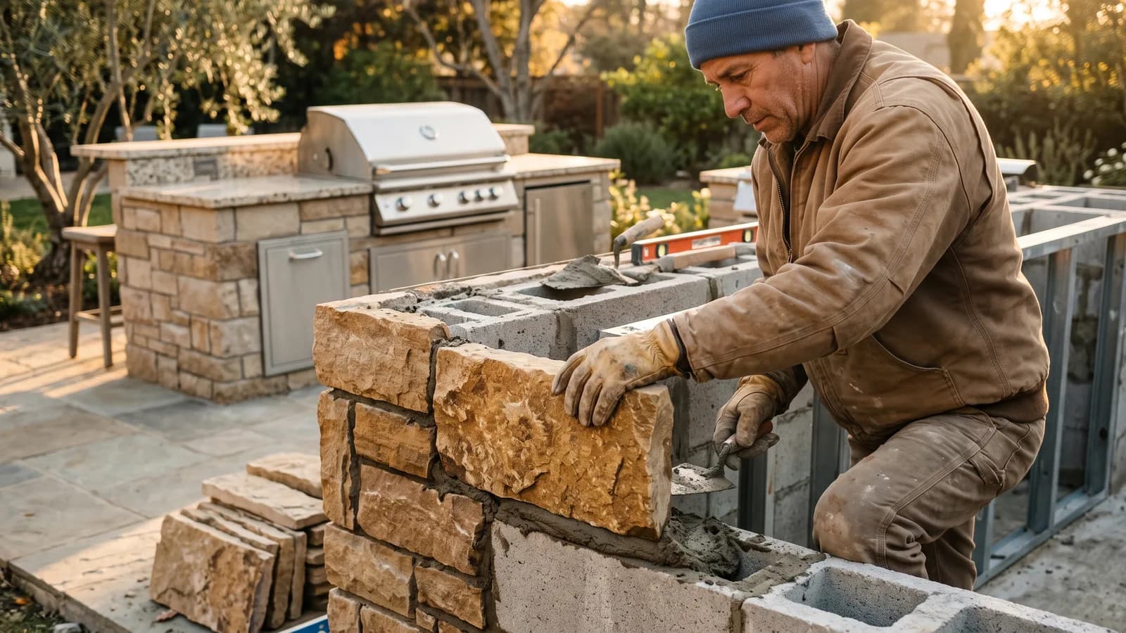 Mason setting a stone veneer block on an outdoor kitchen island frame beside a finished modular island.