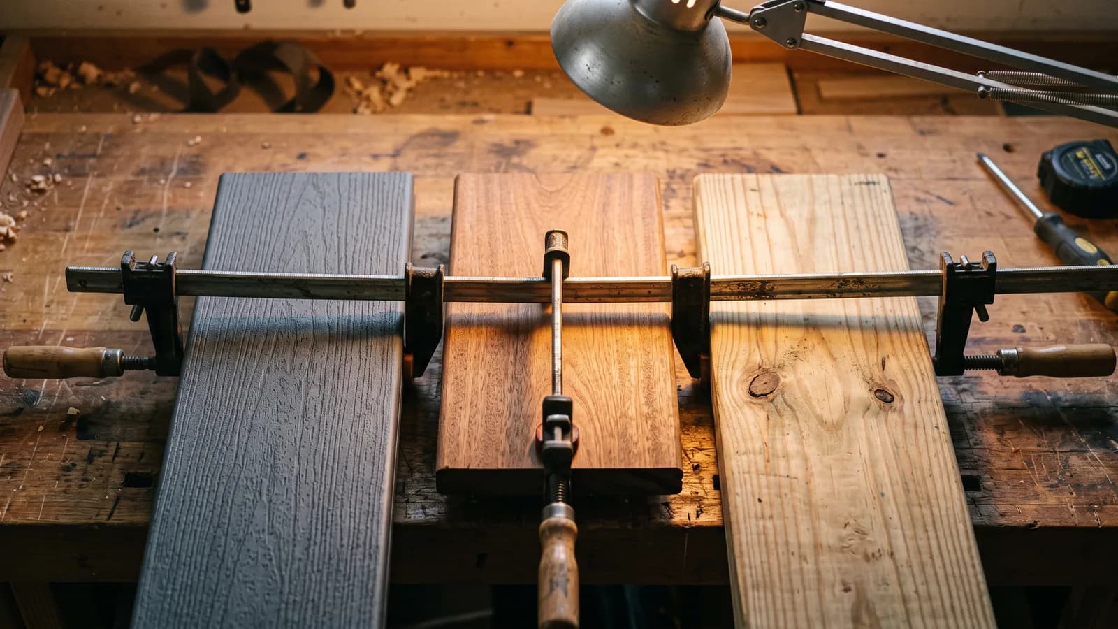 Three decking boards clamped side by side on a shop bench under a work lamp showing composite, hardwood and pressure treated grain.