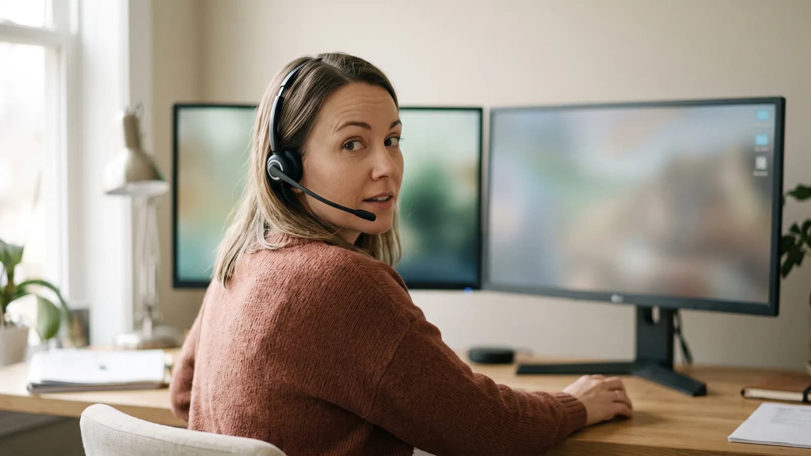 Scheduler confirming appointment details by phone while checking a calendar and address on two screens.
