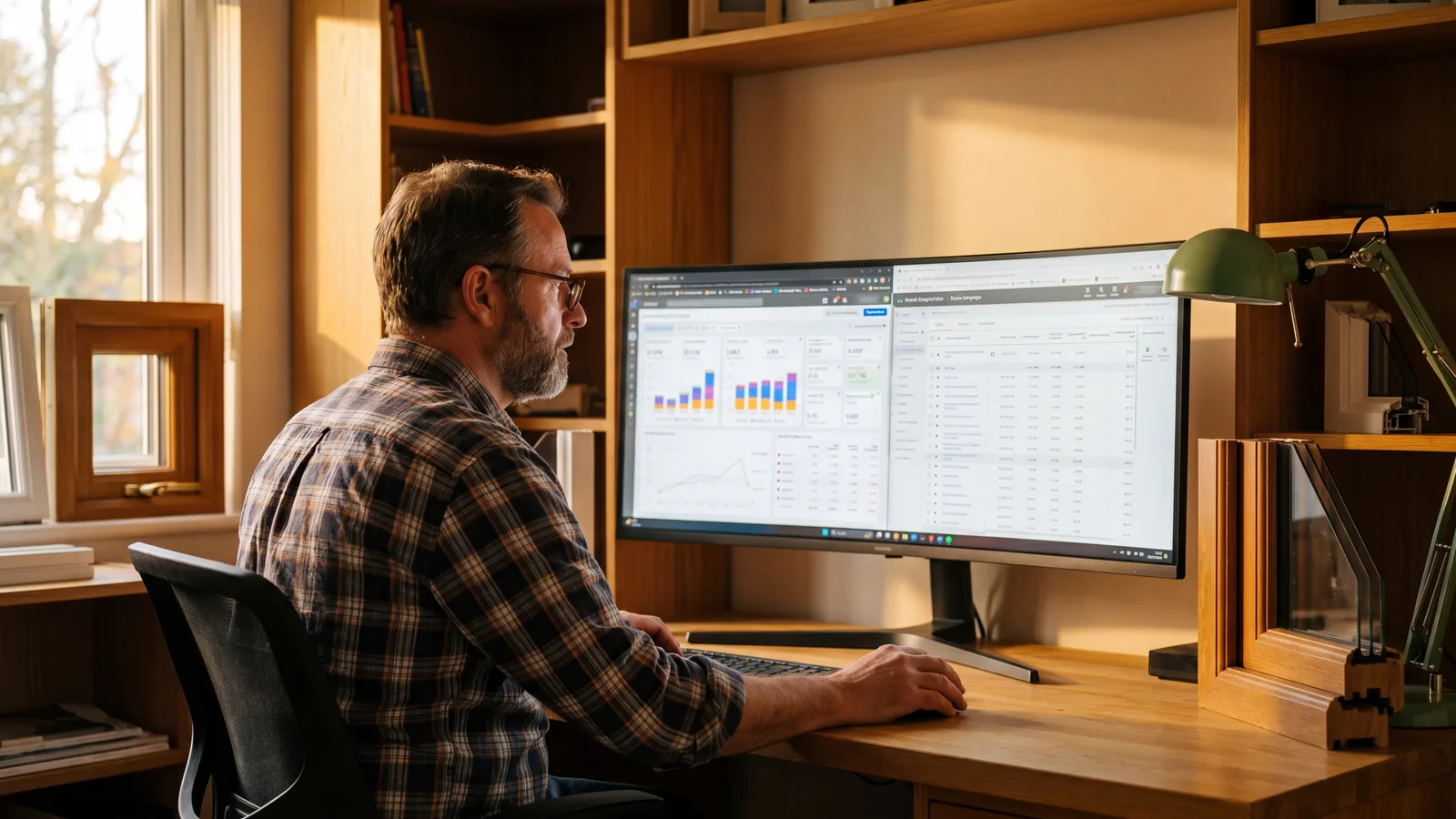 Window contractor at a modern home-office desk reviewing two ad-platform dashboards side by side on an ultrawide monitor.