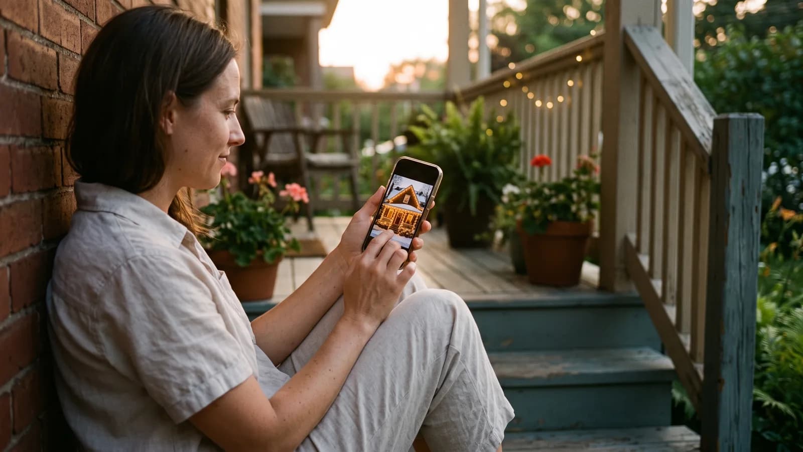 Homeowner on a porch step in summer evening light scrolling a warmly lit holiday house photo on a phone.