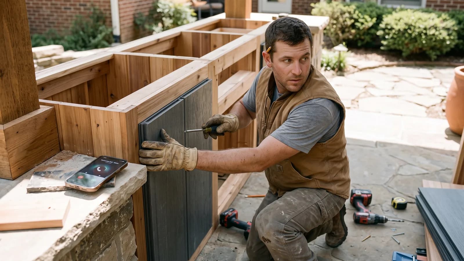 Crew member installing an outdoor kitchen panel while a phone rings unanswered on a nearby ledge.