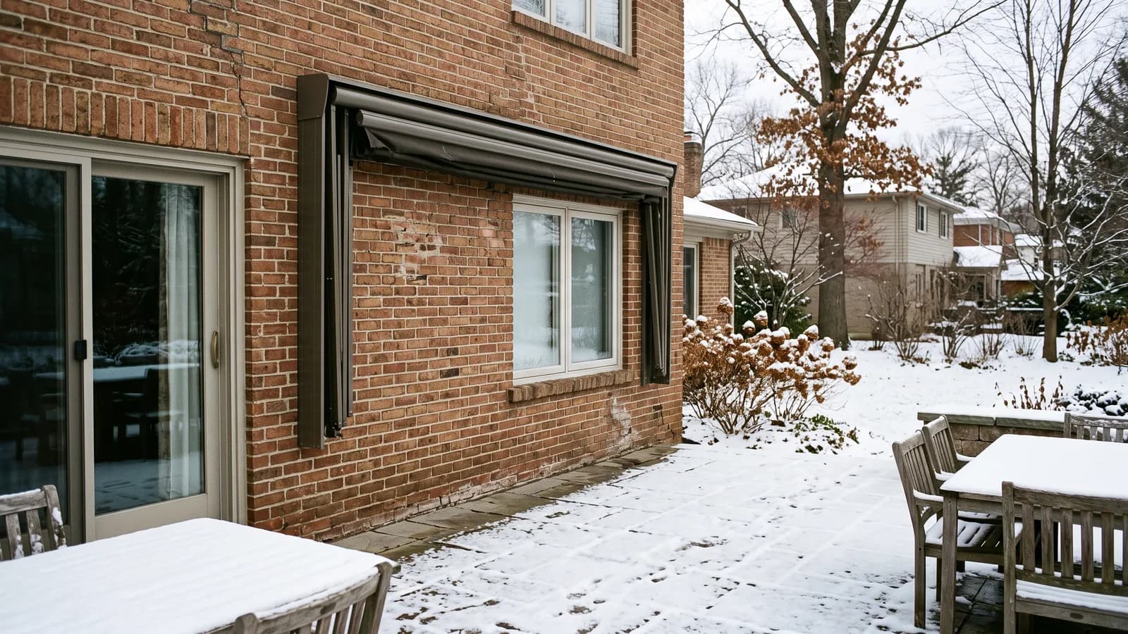 Retracted awning frame folded against a house wall above a patio dusted with light winter snow.