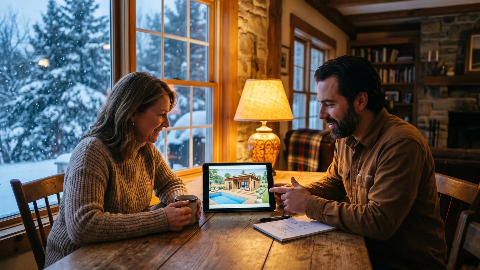 Homeowner and cabana builder reviewing a pool house design rendering at a kitchen table in winter with snow visible through the window.