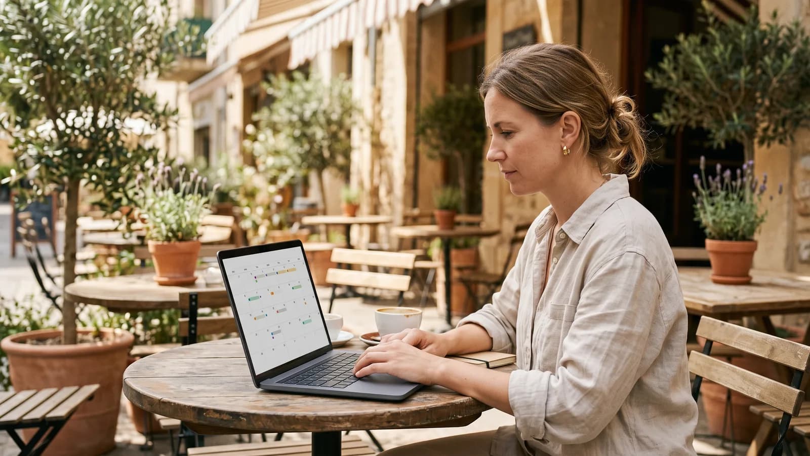 Business owner scheduling social posts on a laptop at an outdoor cafe table in warm summer daylight.