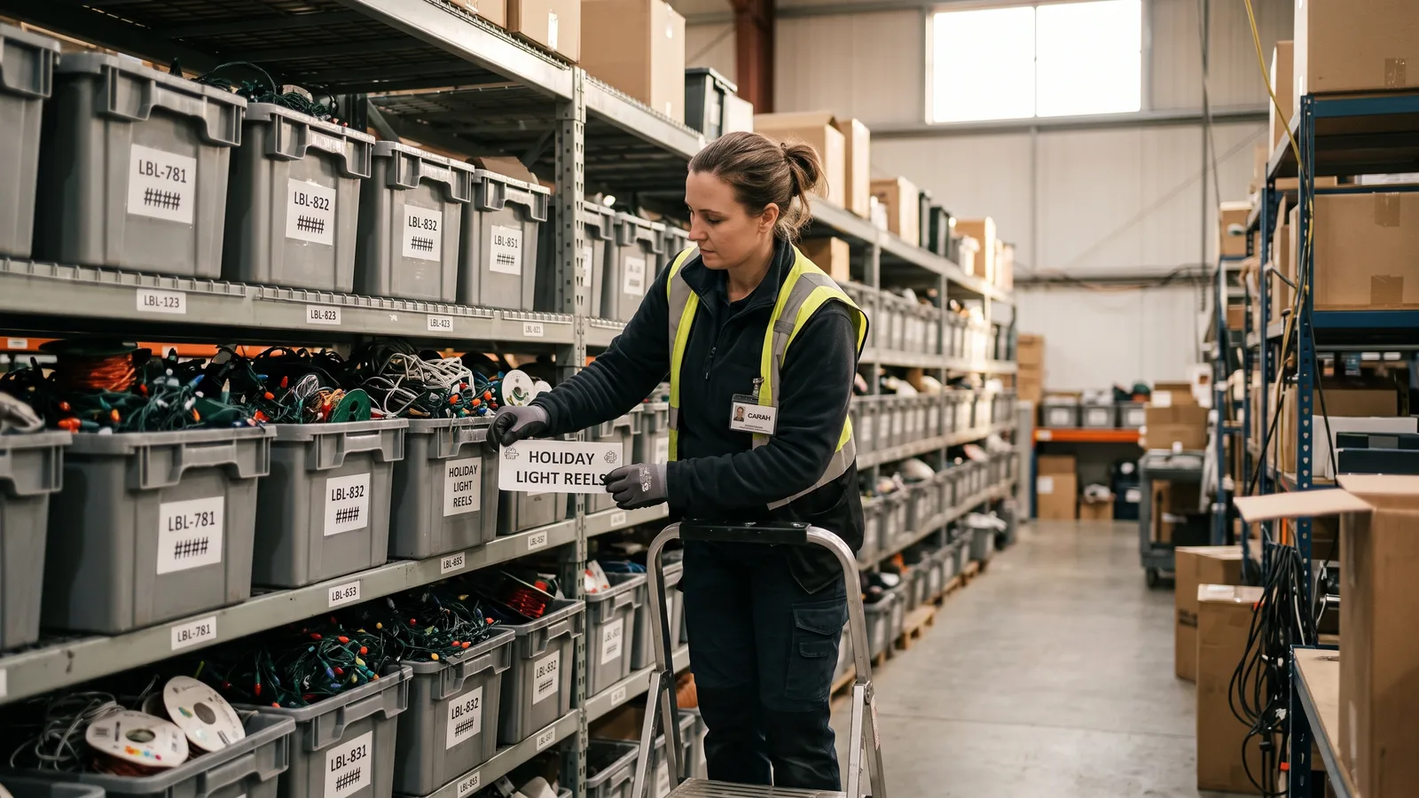 Warehouse worker labeling a storage tote of holiday light reels on a shelf inside a lighting company storage facility.
