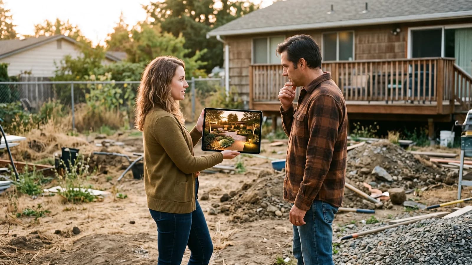 Designer showing a homeowner a backyard rendering on a tablet beside the actual unfinished yard in golden light.