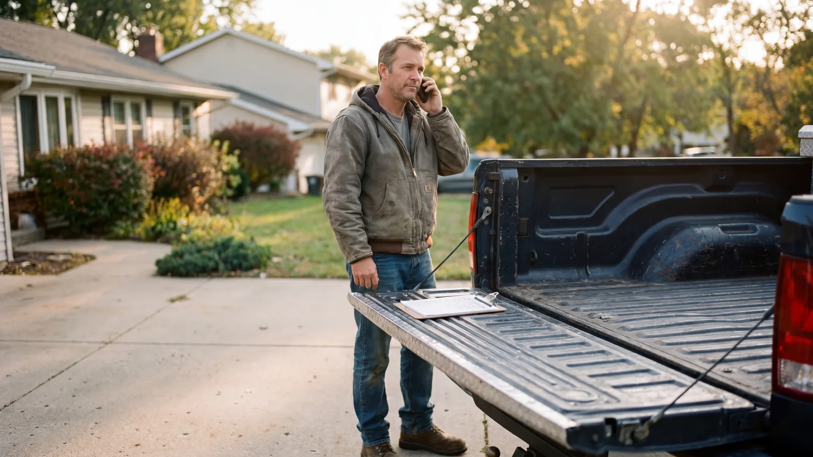 Contractor at the open tailgate of a work truck in a residential driveway holding a smartphone to his ear, clipboard with customer info on the tailgate.