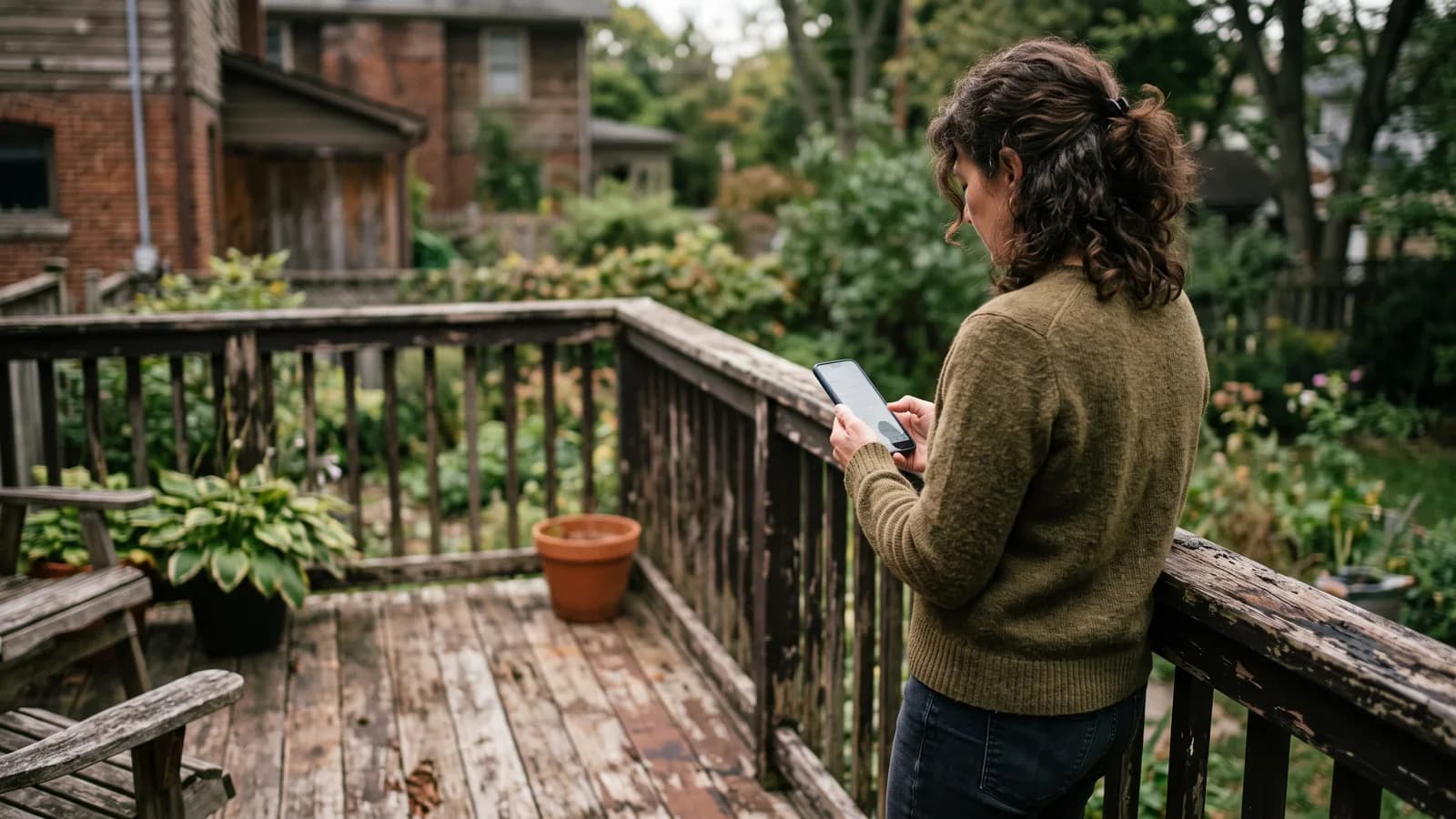 Homeowner reading a follow-up message on a phone while standing on an aging deck under soft afternoon light.