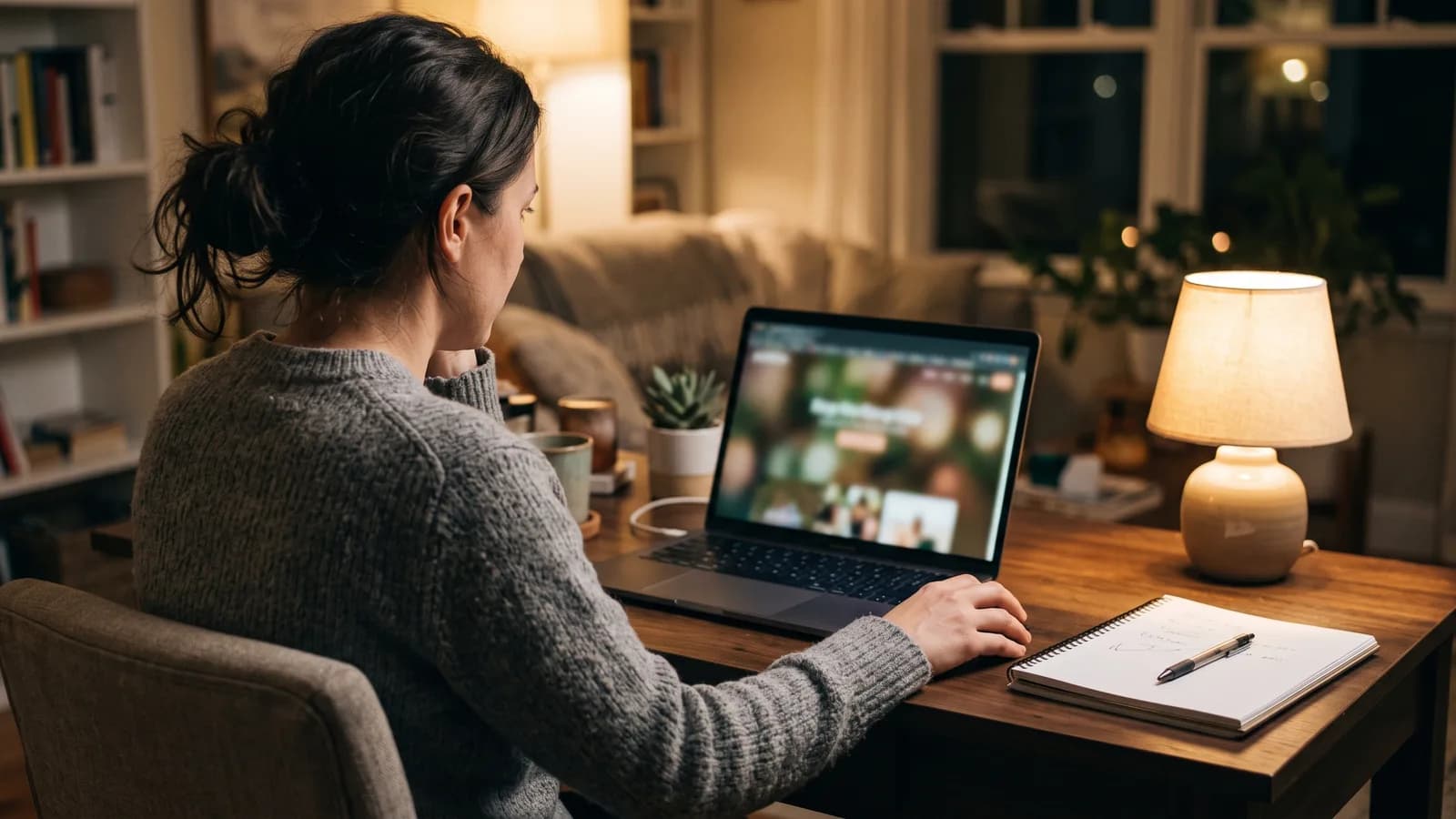 Homeowner researching outdoor kitchen designs on a laptop with a notepad beside the keyboard.