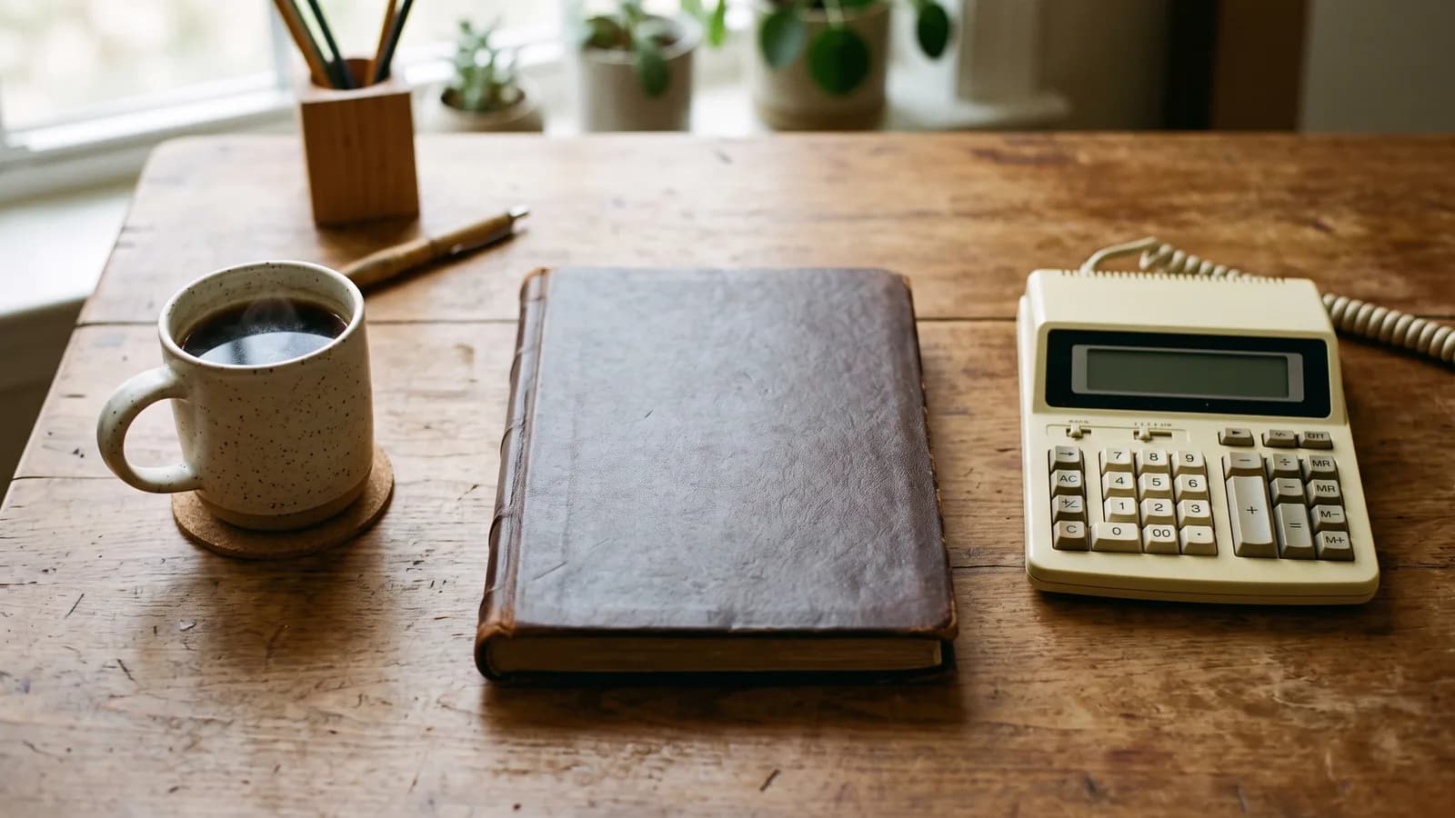 Desk workspace with a handwritten monthly ledger, calculator, and coffee cup in soft morning light.