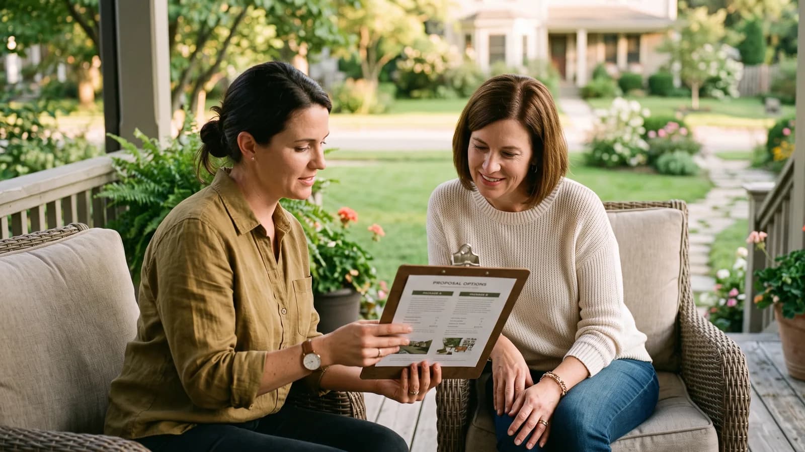 Designer reviewing a tiered lighting package proposal with a homeowner on a porch in late-afternoon light.