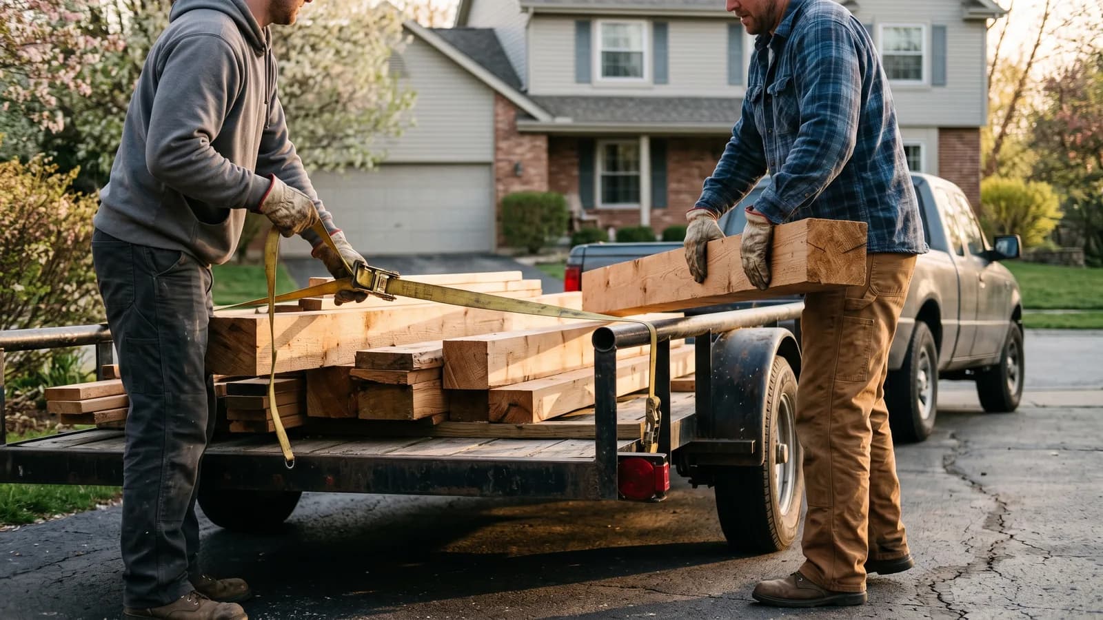 Two installers loading cedar pergola beams onto a trailer in a driveway at early morning, low warm sunlight.