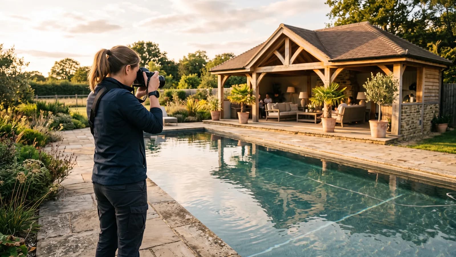 Photographer capturing a finished backyard cabana and pool together at golden hour for a builder's portfolio.