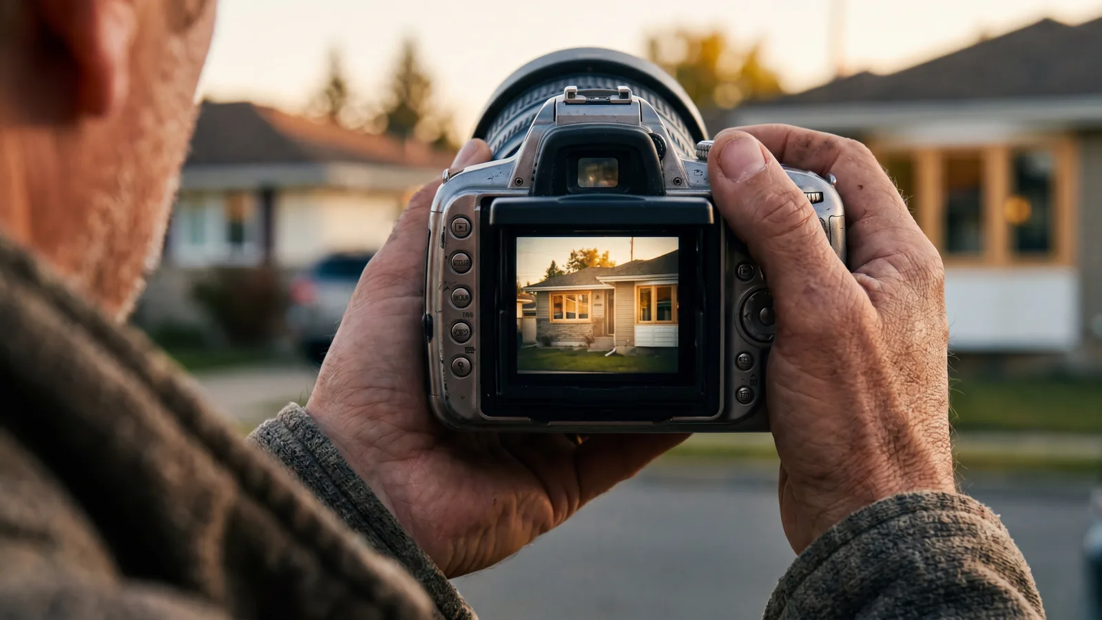 Behind-the-scenes view of a photographer's hands holding a DSLR camera, framing a residential home exterior with newly installed windows in the viewfinder.