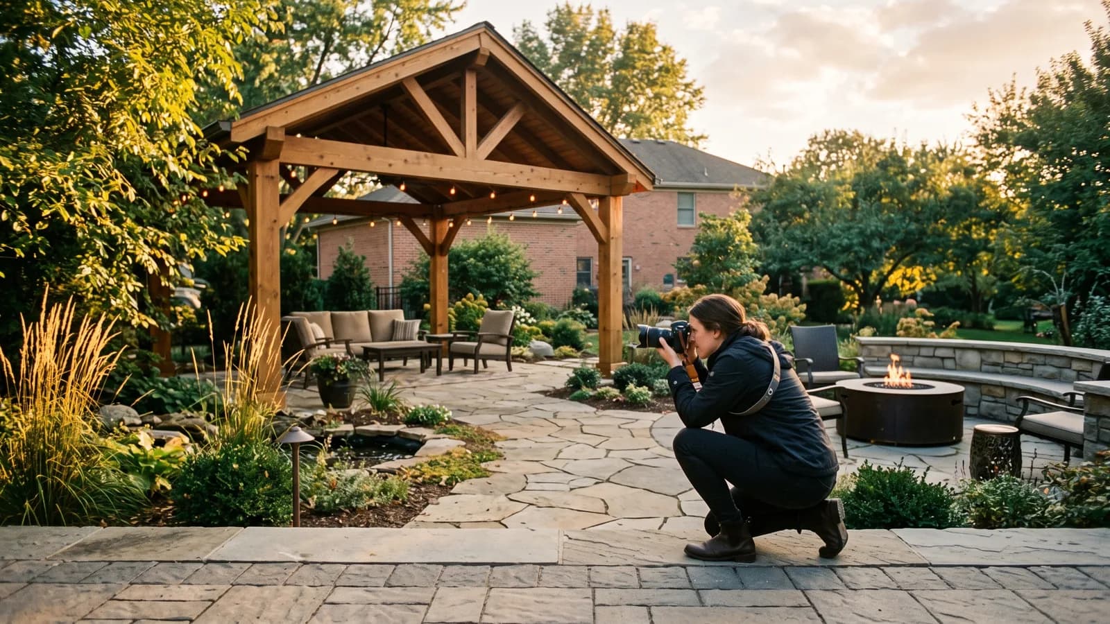 Photographer capturing a finished backyard transformation showing a covered patio and fire feature area in golden light.