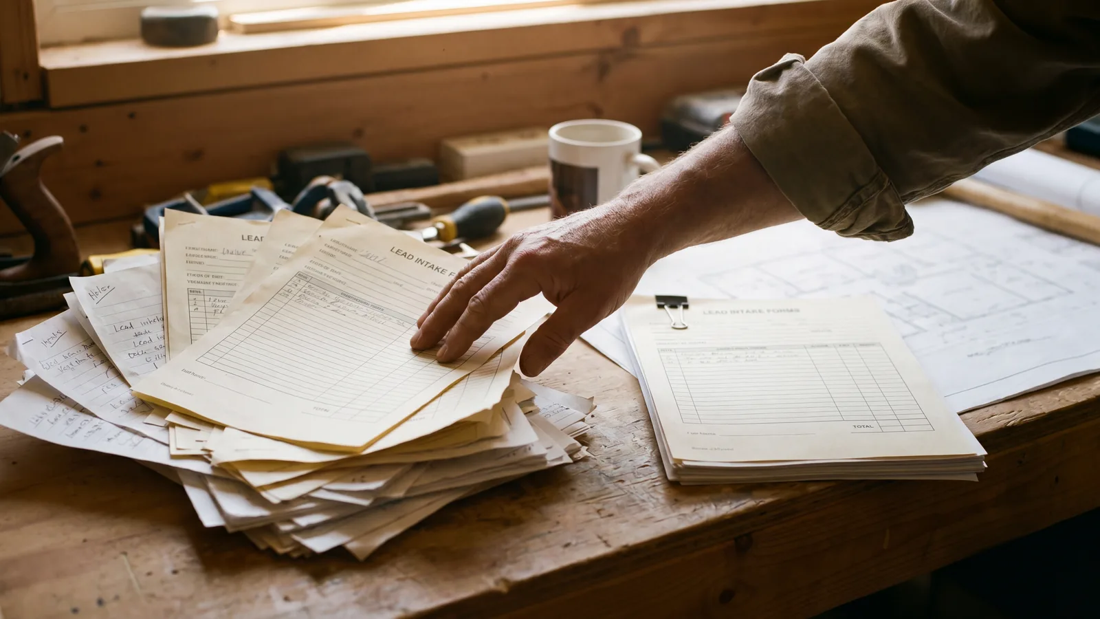 Contractor's hand on a workshop office desk sorting between an overflowing stack of leads on the left and a neat paper-clipped stack on the right.