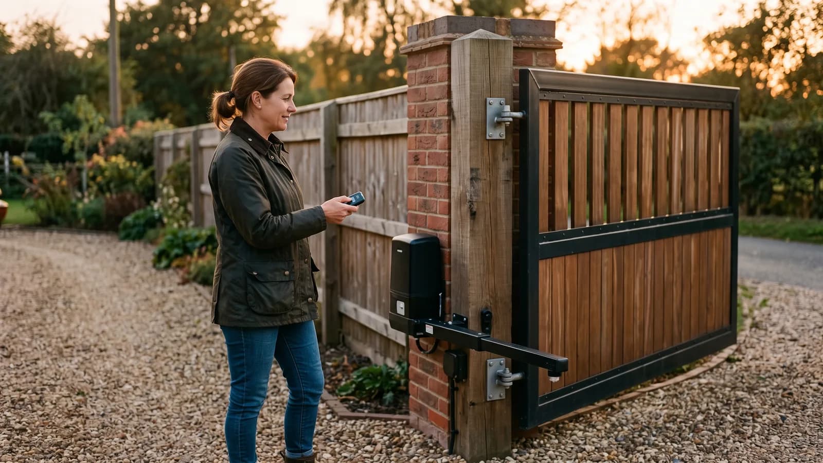 Homeowner using a remote control to open an automated driveway gate built into a new fence line at dusk.