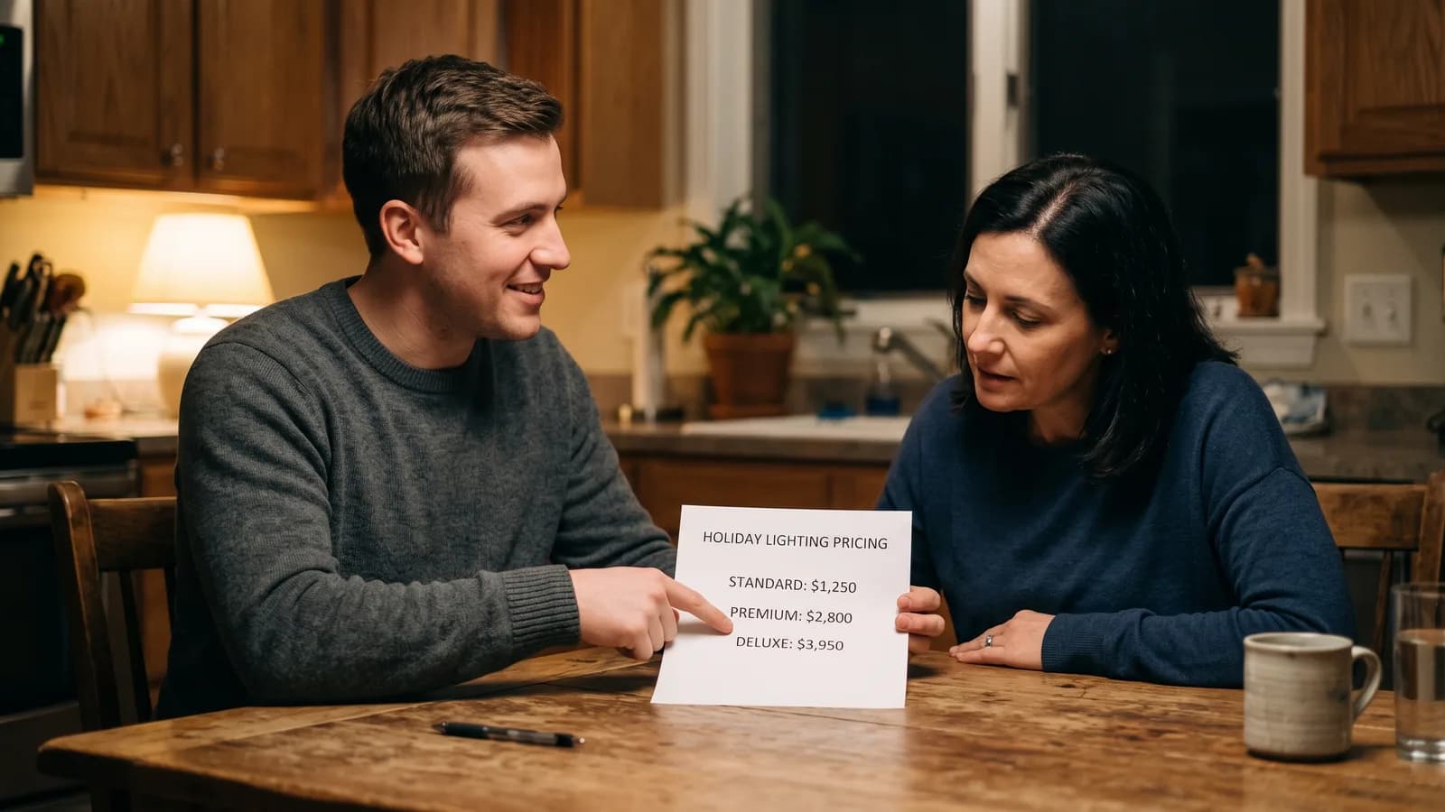 Salesperson pointing at a tiered pricing sheet for a homeowner at a kitchen table under warm lamp light.