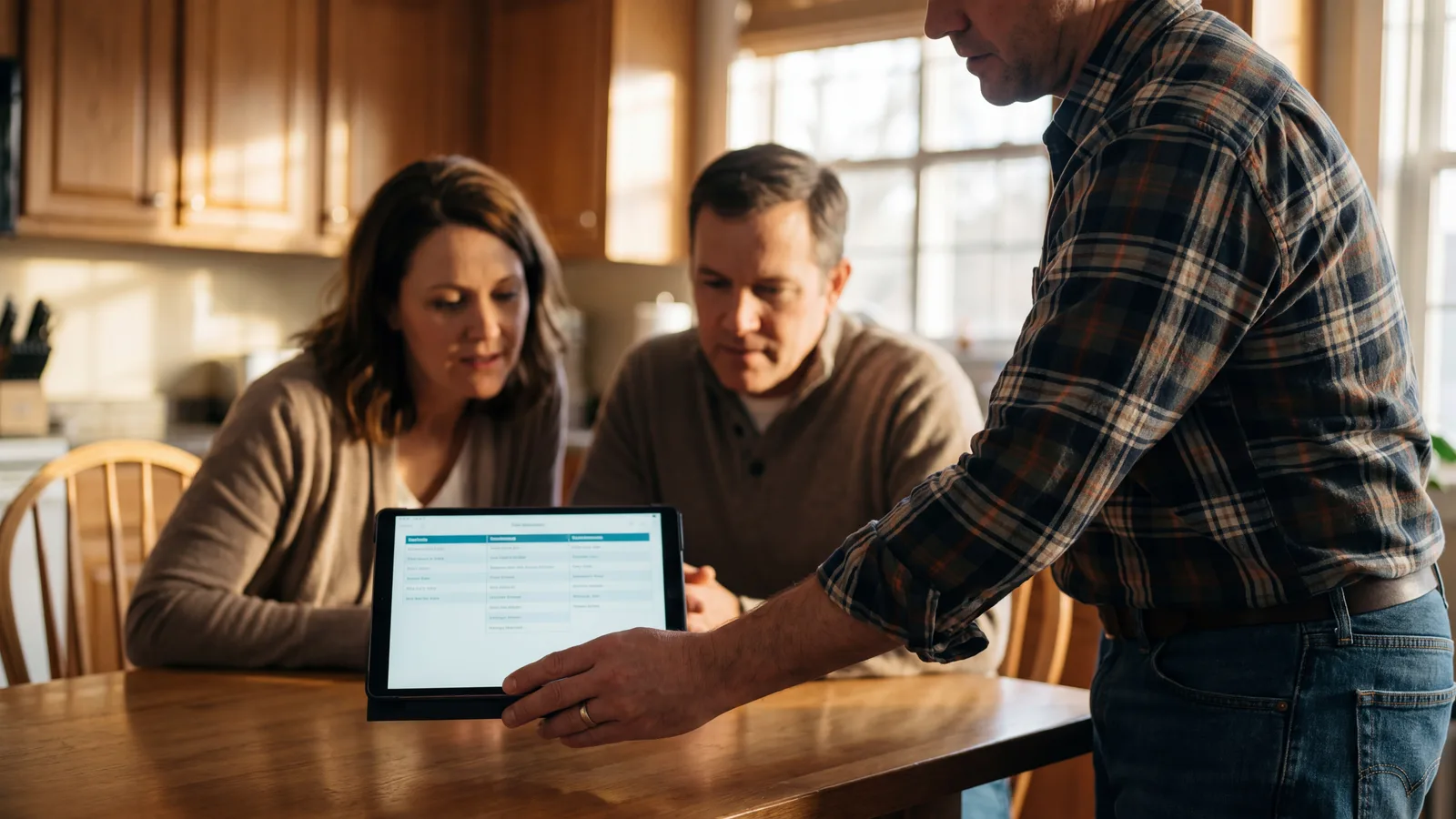 Window contractor presenting a tablet to a homeowner couple at their kitchen table, the tablet showing a three-column pricing comparison.