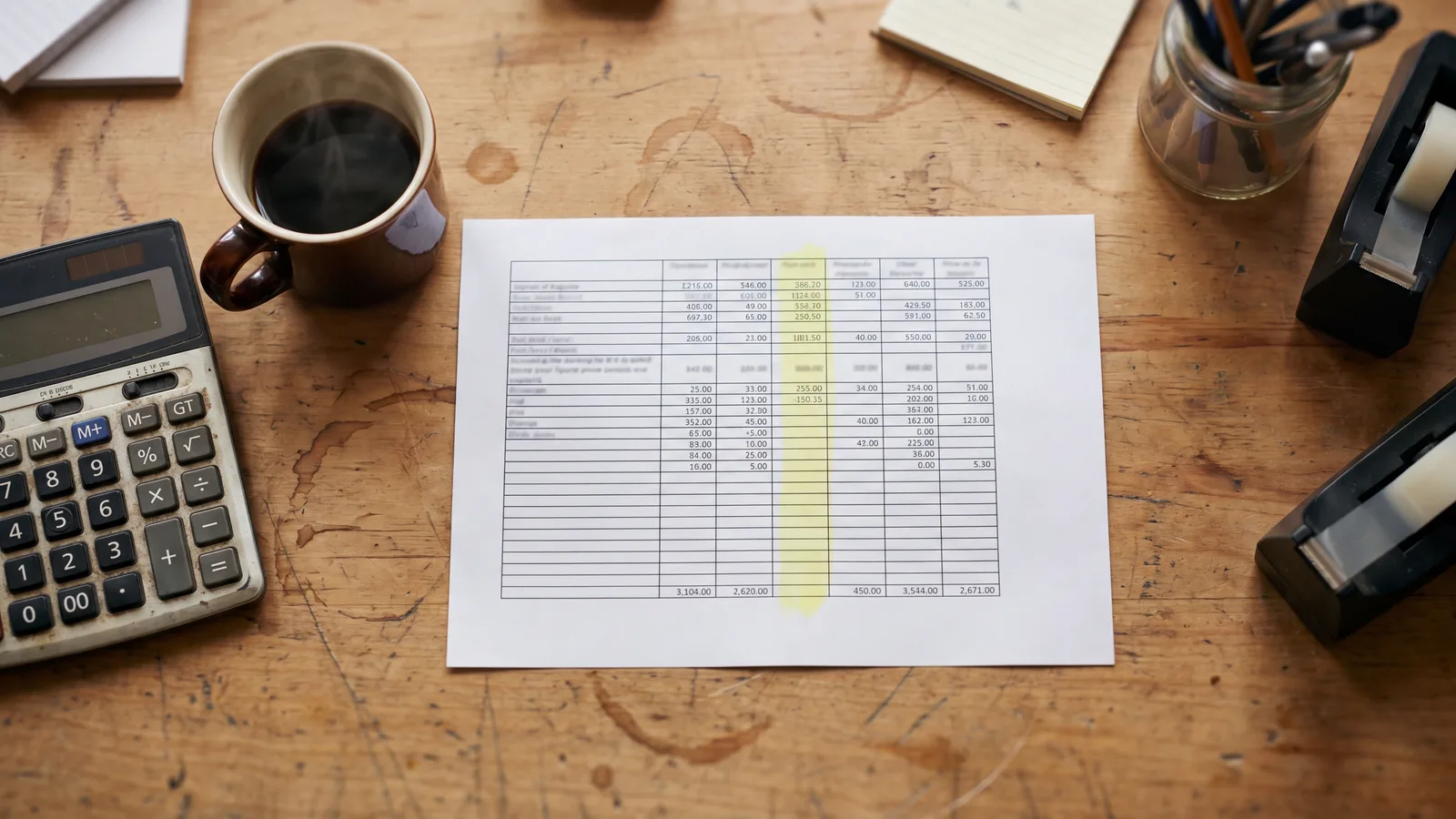 Top-down view of a workshop office desk with a printed financial spreadsheet, one column highlighted in soft yellow marker, calculator and coffee mug at the edge.
