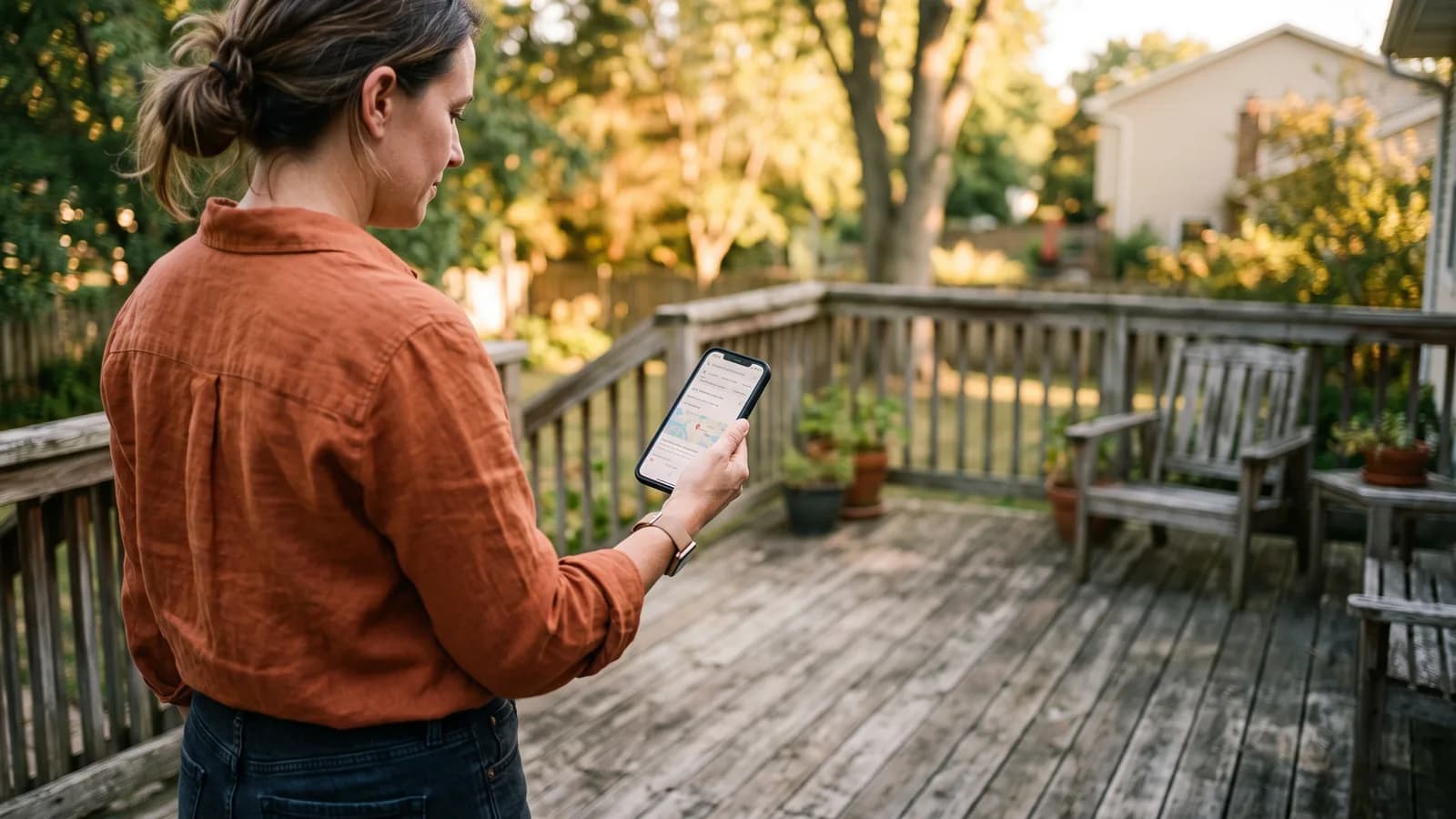 Homeowner searching for a local deck contractor on a phone while standing beside an aging backyard deck.