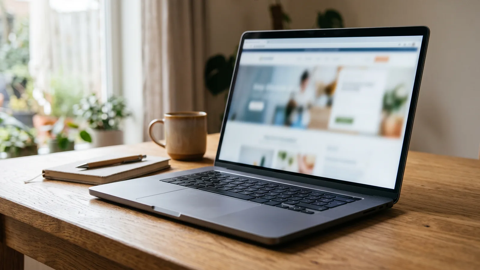 Laptop on a desk displaying a blurred webpage layout with a large lifestyle photo area.