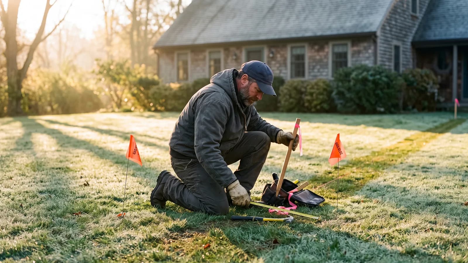 Fence contractor kneeling beside utility locate flags in a lawn while staking out a proposed fence line.