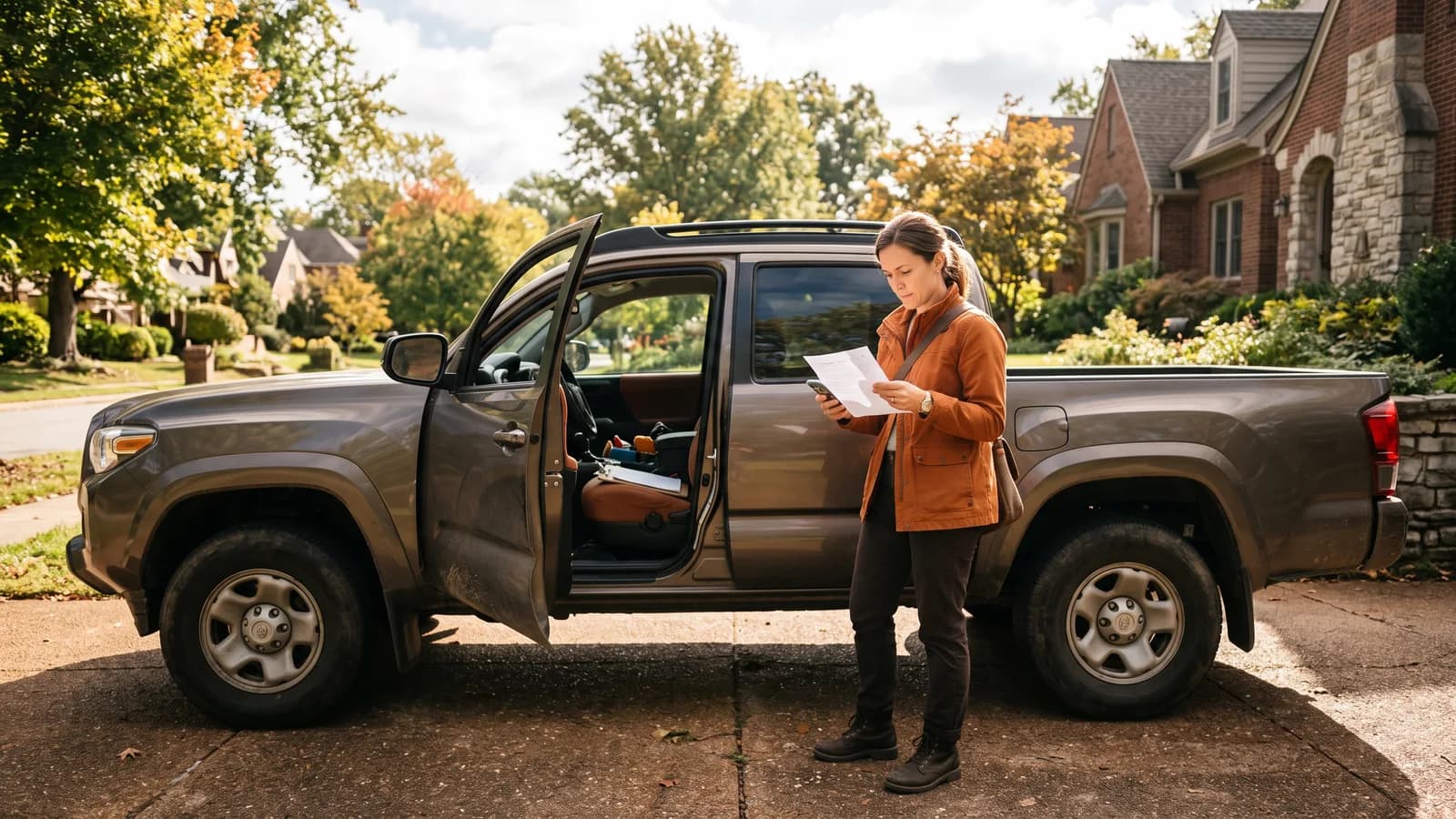 Designer checking a printed appointment sheet beside a work truck before a site visit.