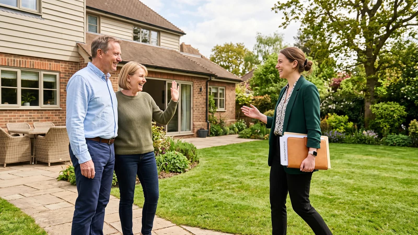 Homeowner couple greeting a design consultant arriving for a backyard project consultation in midmorning light.