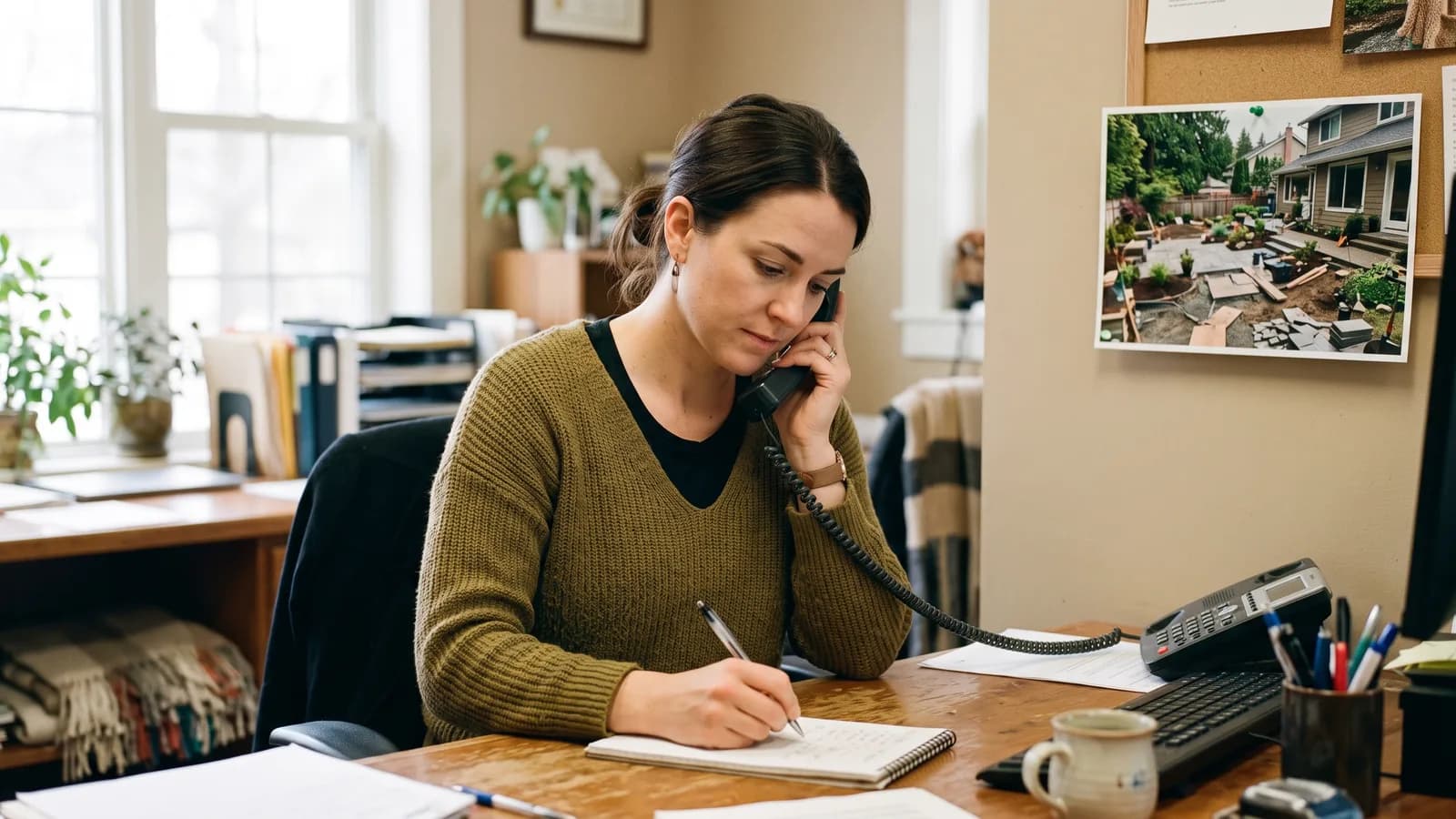 Intake coordinator taking notes during a phone call with a backyard project photo pinned to the office wall.