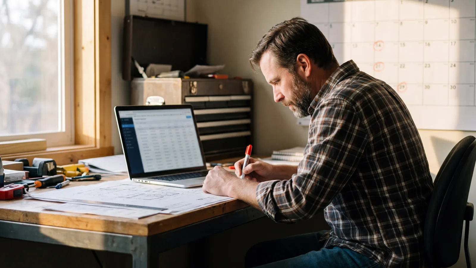 Contractor at a workshop office desk reviewing a wall calendar with future follow-up dates circled in red marker, laptop showing a follow-up dashboard.