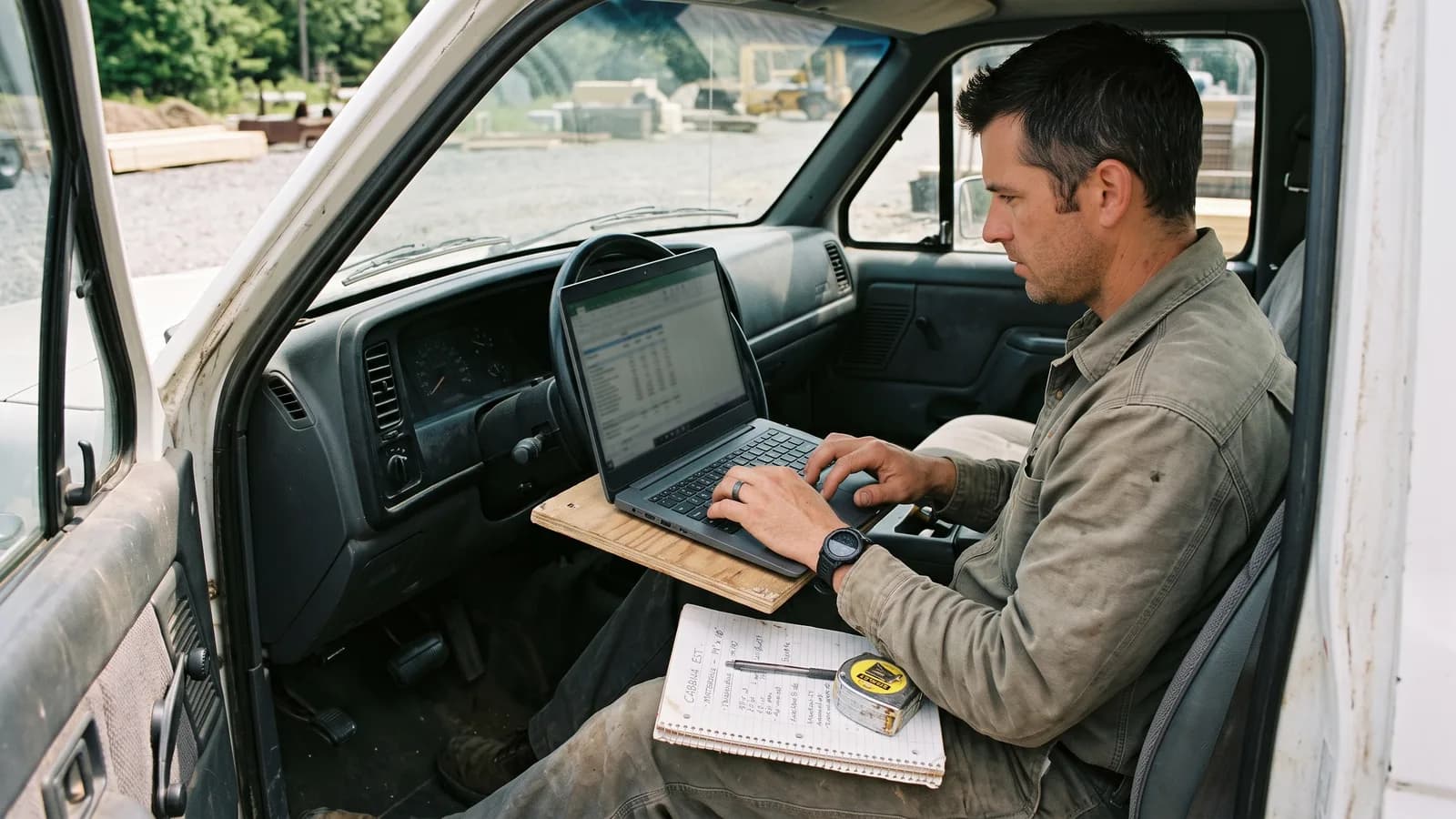 Contractor preparing a cabana project estimate on a laptop from a truck cab with a tape measure and notepad nearby.