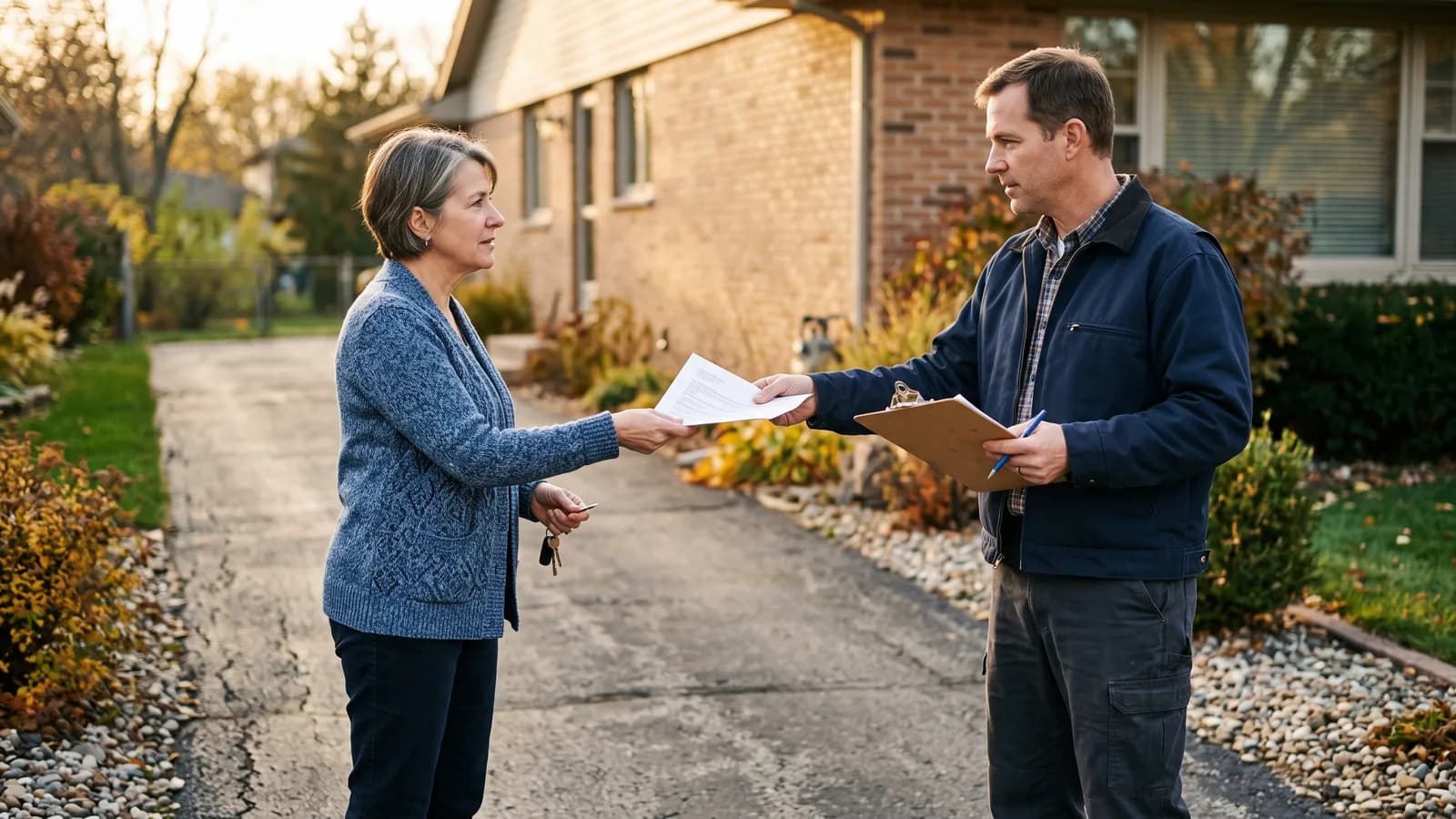 Estimator handing a homeowner a printed quote in a driveway right after a same-visit holiday lighting consultation.